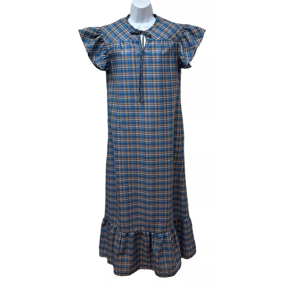 Vintage Mykee San Francisco Prairie Long Midi Dress Plaid Flutter Sleeve Modest